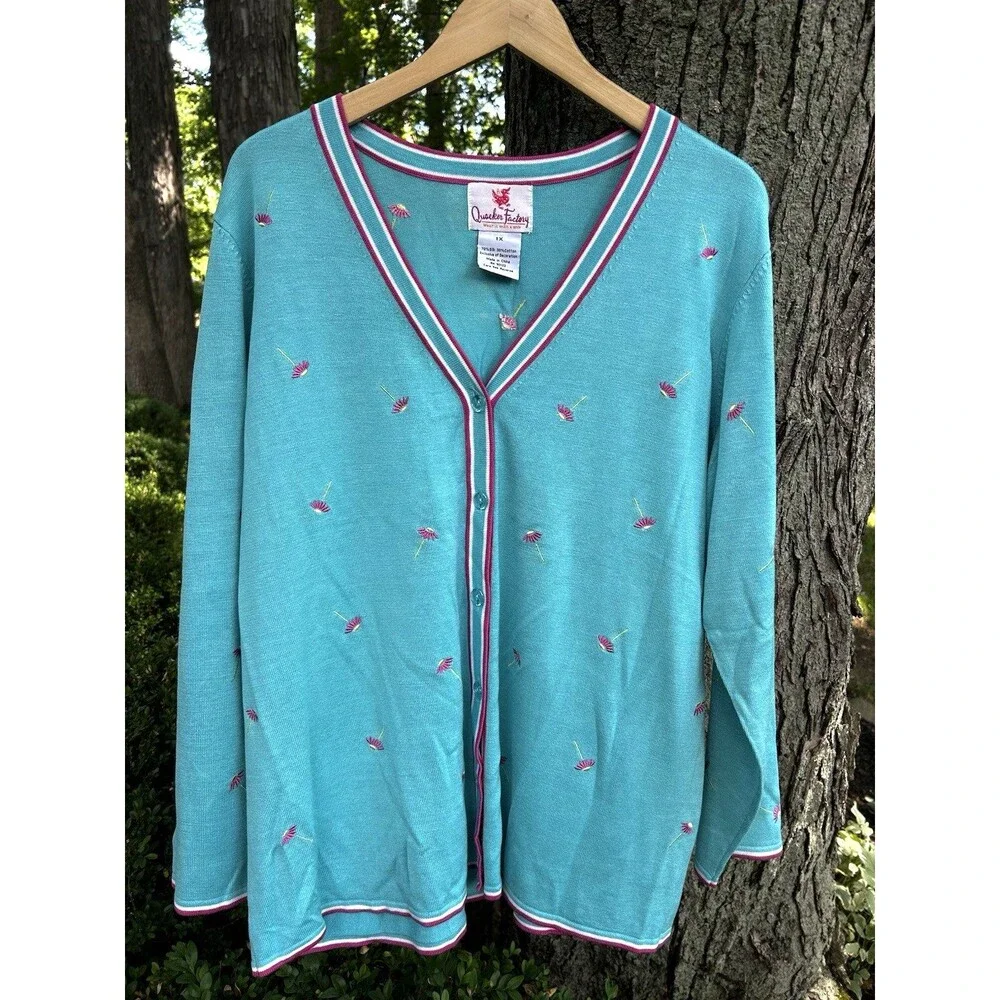 Quacker Factory Cardigan Sweater Size 1x Daisy Floral Embroidery Blue Pink Silk